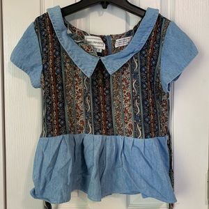 Mixed Print Collared Denim Top